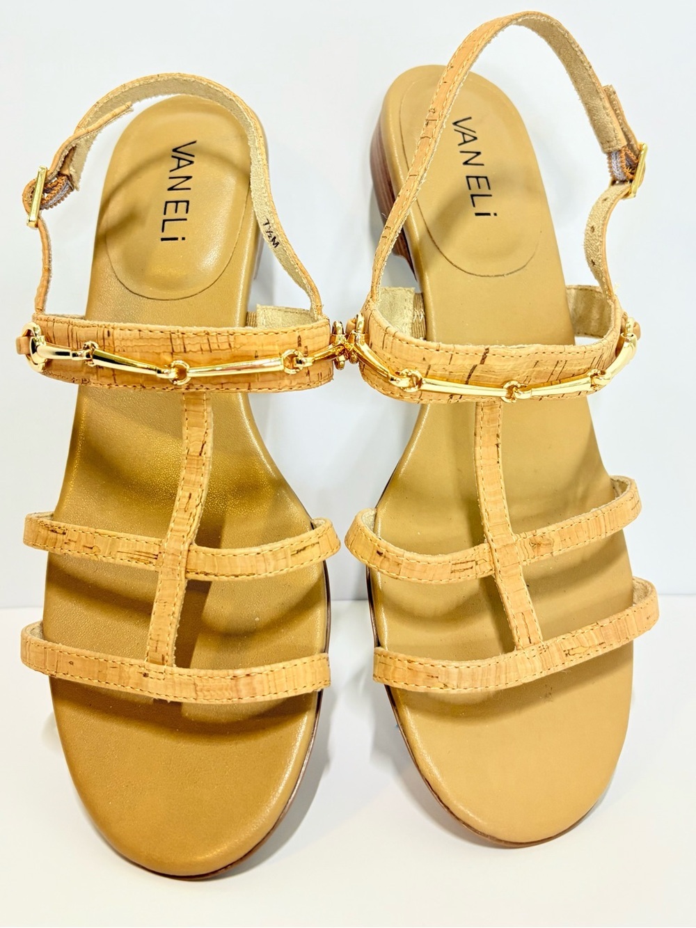 VanEli Cork Leather Slingback Sandals Horsebit Gold Hardware Low Heel Size 7.5
